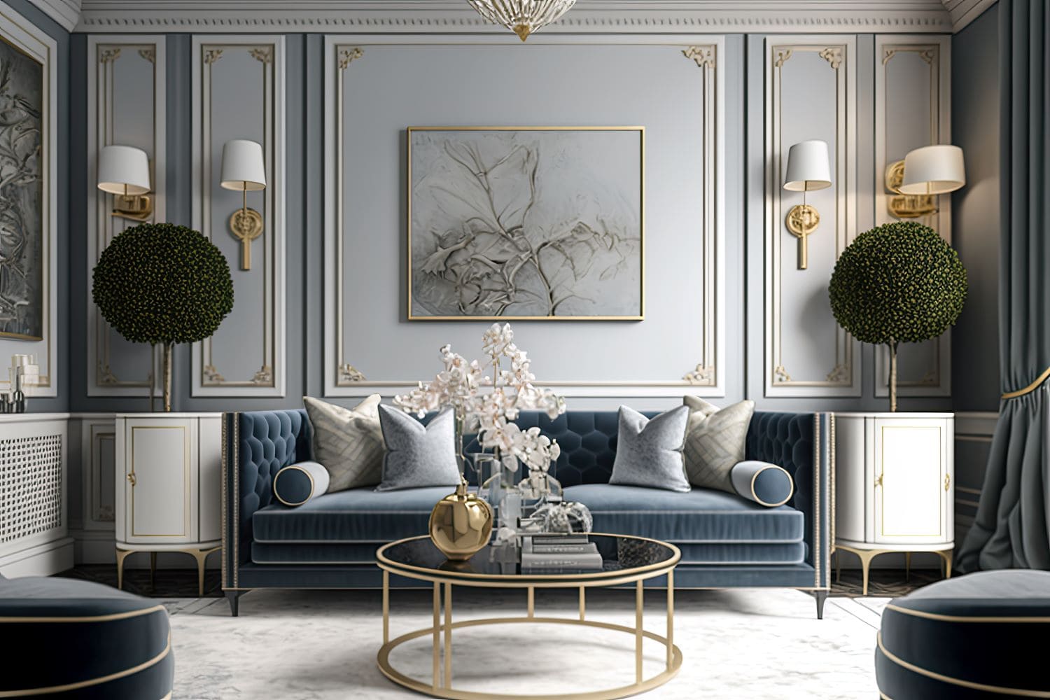 living room with blue sofa gold coffee table resized 1